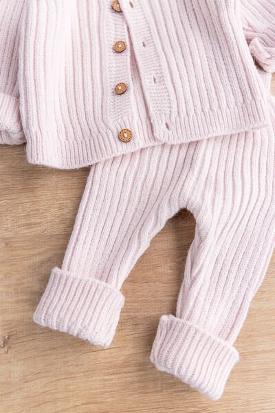 Triko Hırkalı Bereli Unisex Kışlık Şapkalı Bebek Takım PEMBE - 3-6 AY