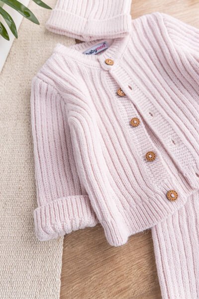 Triko Hırkalı Bereli Unisex Kışlık Şapkalı Bebek Takım PEMBE - 3-6 AY