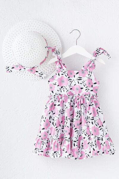 Çiçek Desenli Şapkalı Kız Çocuk Askılı Elbise