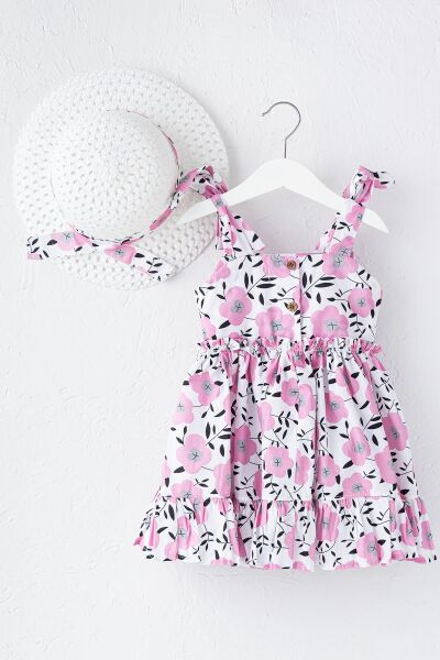 Çiçek Desenli Şapkalı Kız Çocuk Askılı Elbise