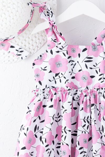 Çiçek Desenli Şapkalı Kız Çocuk Askılı Elbise