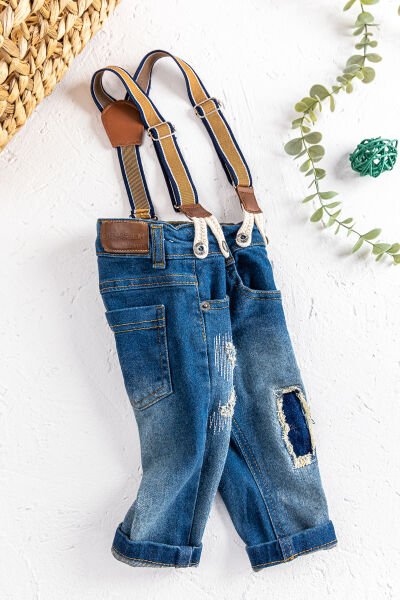 Denim Kumaş Askılı Erkek Bebek Kot Pantolon