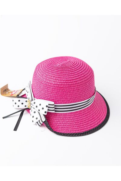Puantiye Fiyonklu Kız Çocuk Hasır Şapka PEMBE - 9-12 Yaş