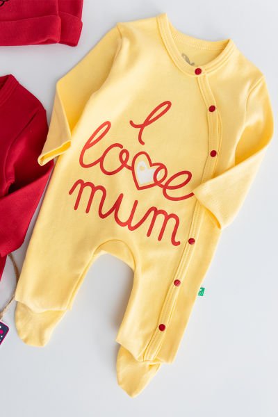 I Love Mum Taraftar Sarı Kırmızı İkili Bebek Tulum Takım