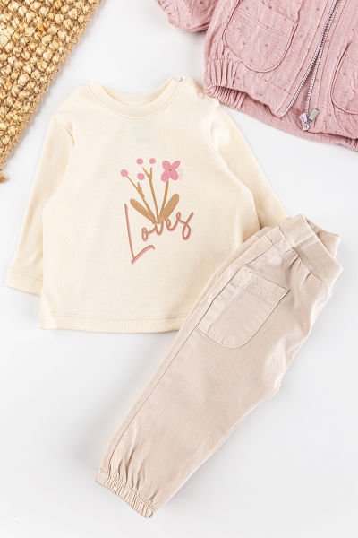 Kapüşonlu Hırkalı 3'lü Kız Bebek Takım Alt Üst Bebek Takım