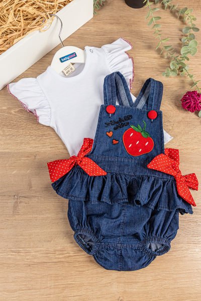 Çilek İşlemeli Yazlık Kız Bebek Tulum Salopet Body Takım