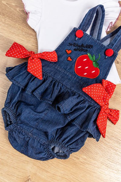 Çilek İşlemeli Yazlık Kız Bebek Tulum Salopet Body Takım