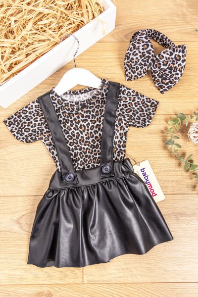Leopar Desenli Bandanalı Kız Bebek Salopet Elbise SİYAH -  6-9 AY