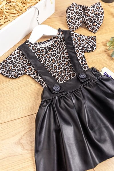 Leopar Desenli Bandanalı Kız Bebek Salopet Elbise SİYAH -  6-9 AY