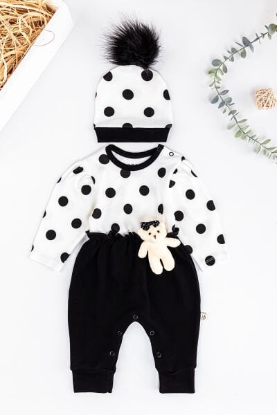 Puantiye Desenli Oyuncak Ayıcıklı Şapkalı Kız Bebek Tulum