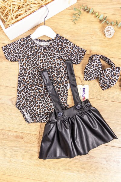 Leopar Desenli Bandanalı Kız Bebek Salopet Elbise SİYAH -  12-18 AY