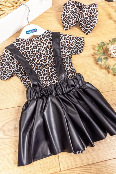 Leopar Desenli Bandanalı Kız Bebek Salopet Elbise SİYAH - 2-3 Yaş