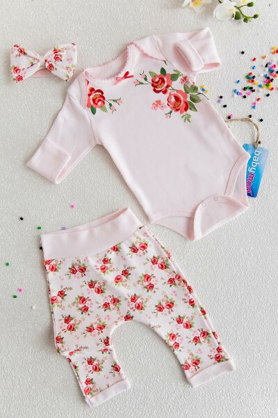 Güllü 3'lü Çıtçıtlı Body Kız Bebek Takımı