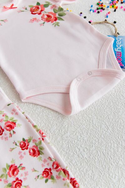 Güllü 3'lü Çıtçıtlı Body Kız Bebek Takımı