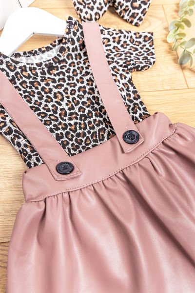 Leopar Desenli Bandanalı Kız Bebek Salopet Elbise Gül kurusu -  9-12 AY