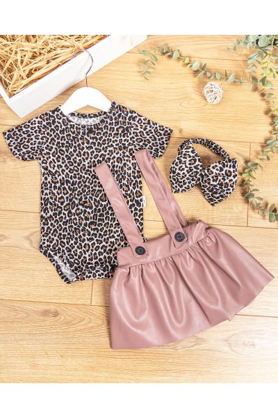 Leopar Desenli Bandanalı Kız Bebek Salopet Elbise Gül kurusu -  12-18 AY