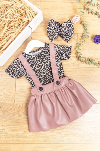 Leopar Desenli Bandanalı Kız Bebek Salopet Elbise Gül kurusu - 18-24 AY