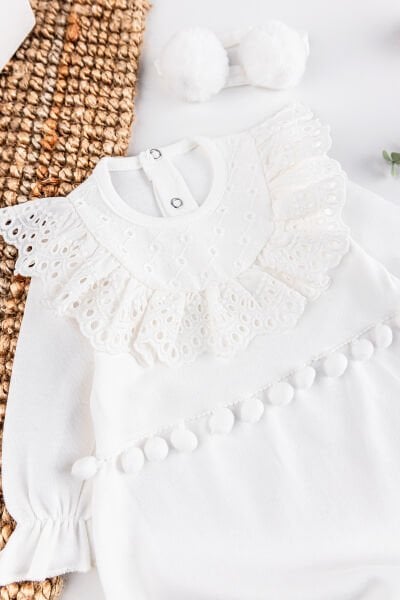 Güpürlü Ponpon Bandanalı Kız Bebek Tulum Takım KREM - 3-6 AY