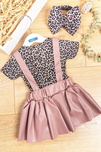 Leopar Desenli Bandanalı Kız Bebek Salopet Elbise Gül kurusu - 2-3 Yaş