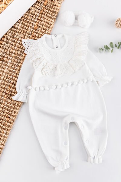 Güpürlü Ponpon Bandanalı Kız Bebek Tulum Takım KREM -  6-9 AY