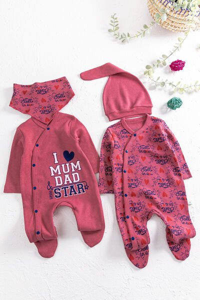 I Love Mum & Dad Baskılı 2'li Bebek Tulum Takım BORDO -  0-3 AY