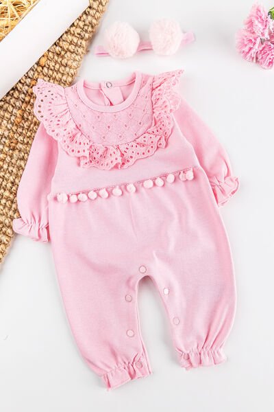 Güpürlü Ponpon Bandanalı Kız Bebek Tulum Takım PEMBE -  0-3 AY