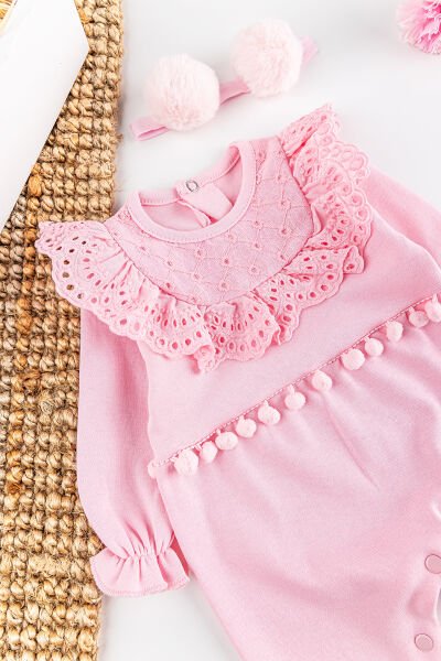 Güpürlü Ponpon Bandanalı Kız Bebek Tulum Takım PEMBE -  0-3 AY