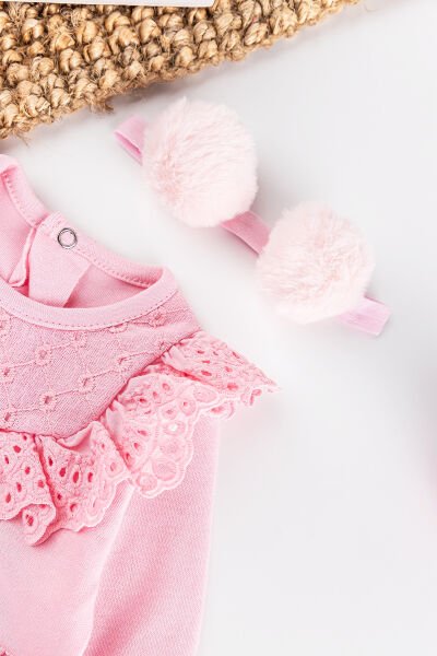 Güpürlü Ponpon Bandanalı Kız Bebek Tulum Takım PEMBE -  0-3 AY