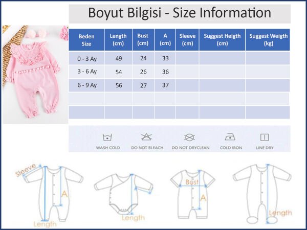 Güpürlü Ponpon Bandanalı Kız Bebek Tulum Takım PEMBE - 3-6 AY