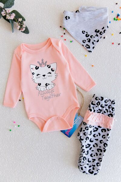 Kedili 3'lü Çıtçıtlı Body Kız Bebek Takımı