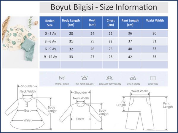 Ayıcık Figürlü 2'li Erkek Bebek Takım SU YEŞİLİ -  6-9 AY