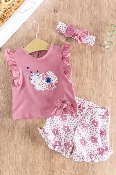 Çiçek Desenli Fırfırlı 3'lü Yazlık Kız Bebek Takım