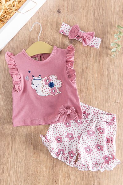 Çiçek Desenli Fırfırlı 3'lü Yazlık Kız Bebek Takım