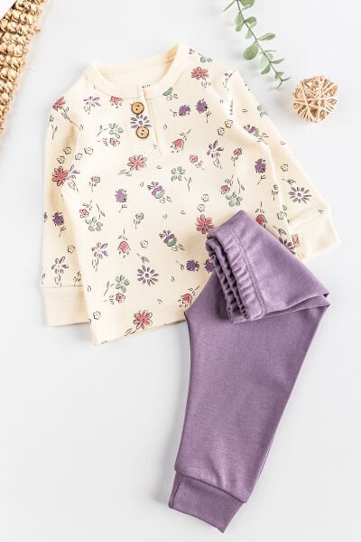 Çiçek Desenli Kız Bebek Pijama Takımı 2'li Bebek Takım LİLA - 3-6 AY
