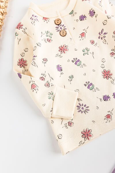 Çiçek Desenli Kız Bebek Pijama Takımı 2'li Bebek Takım LİLA -  6-9 AY