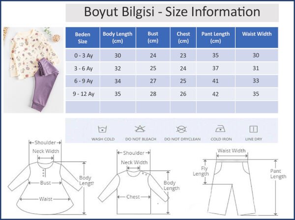 Çiçek Desenli Kız Bebek Pijama Takımı 2'li Bebek Takım LİLA -  6-9 AY