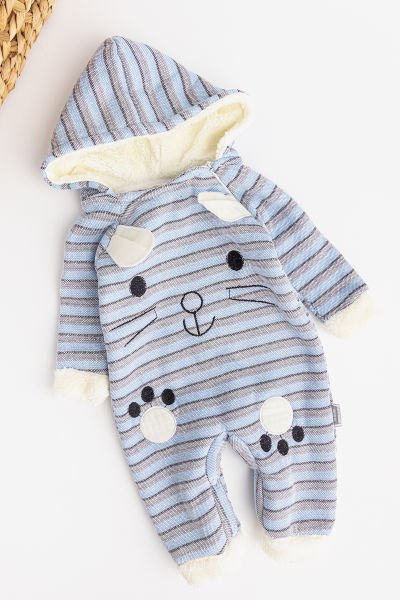 Tavşan Figürlü Kapüşonlu İçi Peluş Erkek Bebek Tulum
