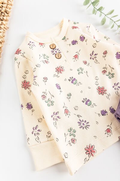 Çiçek Desenli Kız Bebek Pijama Takımı 2'li Bebek Takım LİLA -  9-12 AY