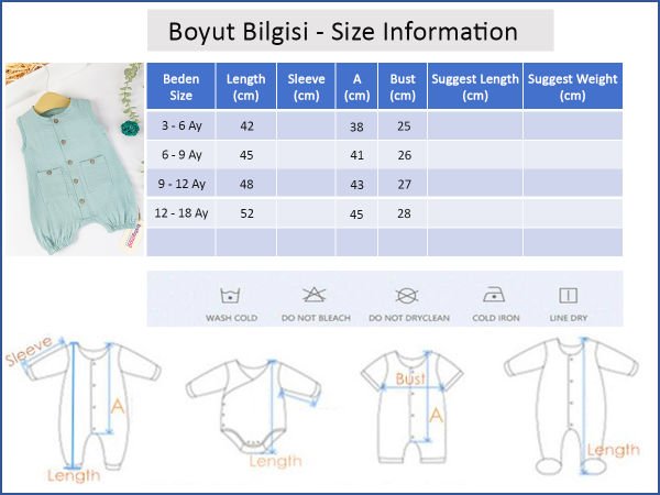 Önden Düğmeli Müslin Yazlık Kız/Erkek Bebek Tulum SU YEŞİLİ - 3-6 AY