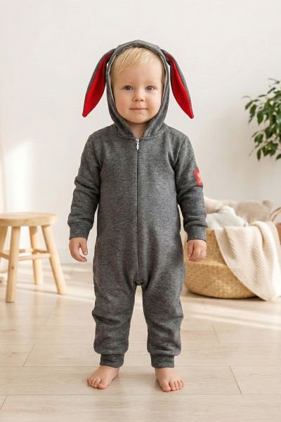 Tavşan Kulaklı Önden Fermuarlı Kız/Erkek Bebek Tulum