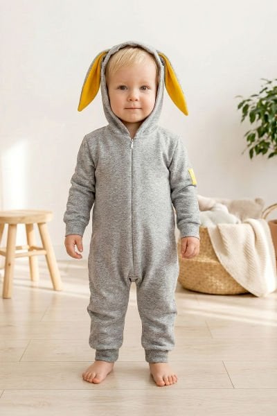 Tavşan Kulaklı Önden Fermuarlı Kız/Erkek Bebek Tulum