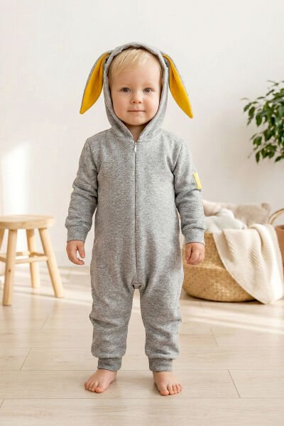 Tavşan Kulaklı Önden Fermuarlı Kız/Erkek Bebek Tulum