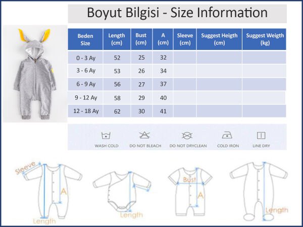Tavşan Kulaklı Önden Fermuarlı Kız/Erkek Bebek Tulum GRİ - 3-6 AY