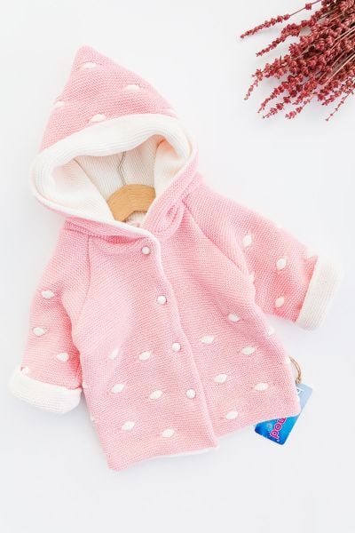 Kapüşonlu Pembe Kız Bebek Çift Katlı Triko Hırka