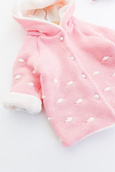 Kapüşonlu Pembe Kız Bebek Çift Katlı Triko Hırka