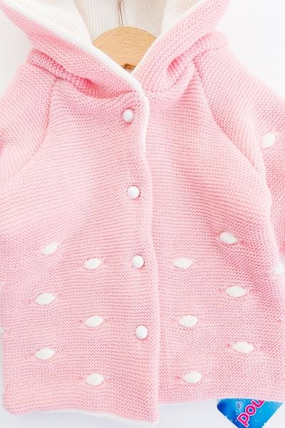 Kapüşonlu Pembe Kız Bebek Çift Katlı Triko Hırka