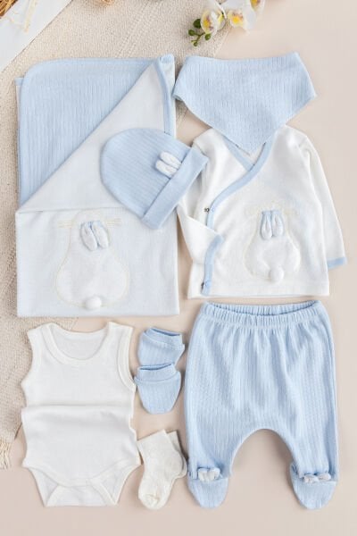 Tavşan Figürlü 8 li Erkek bebek Hastane Çıkışı Yeni Doğan Bebek Takımı MAVİ -  0-3 AY