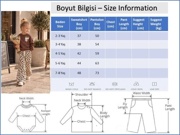 Leopar Desenli Kalp Detaylı Kız Çocuk Alt Üst  Takım Kahverengi