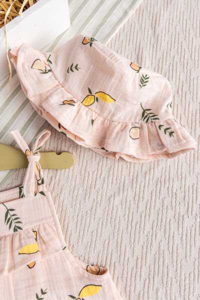 Fırfırlı Şapkalı Yazlık Müslin Kız Bebek Tulum SOMON -  0-3 AY