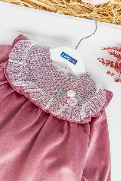 Yakası Tül Detaylı Kadife Bebek Elbise